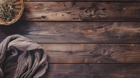 A basket holding a lush green plant sits next to a neatly folded cloth on a wooden table. The plant adds a touch of nature to the rustic setting.の素材