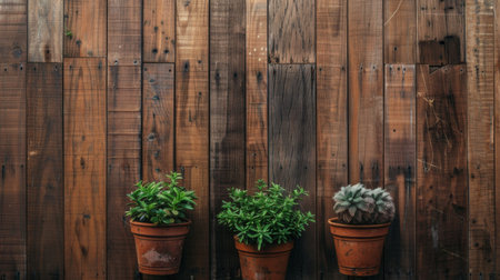 Three potted plants are placed neatly on top of a wooden fence. The plants vary in height and type, adding a touch of greenery and decoration to the fence.の素材