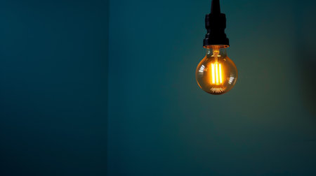 A light bulb is shown switched on, casting a bright light and illuminating its surroundings. The filament inside the bulb glows brightly, indicating that the electricity is flowing through it, allowing it to produce light.の素材