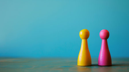 Two small wooden toys are placed neatly on top of a wooden table. The toys are of different shapes and sizes, with intricate details visible up close.の素材