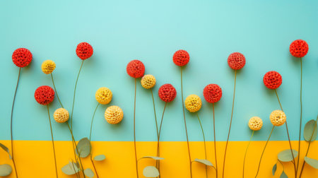 A cluster of vibrant red and yellow flowers bloom against a backdrop of a blue and yellow wall. The colorful contrast between the flowers and the wall creates a visually striking scene. The flowers stand out boldly against the complementary colors of the wall.の素材