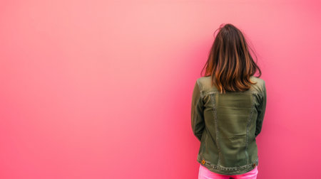 A young girl is standing upright against a vibrant pink wall. She is looking ahead, her hands hanging by her sides. The contrast between her small frame and the bold wall color is striking.の素材
