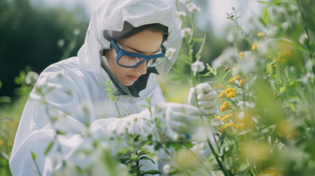 A person wearing a white jacket and glasses standing in a vibrant field of colorful flowers. The individual is surrounded by a sea of blossoms, looking contemplative and serene amidst the natural beauty of the floral landscape.の素材