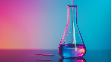 A flask containing liquid is placed on top of a wooden table. The liquid inside the flask seems to be transparent, possibly water or a chemical solution. The table is made of dark brown wood, providing a sturdy base for the flask.の素材