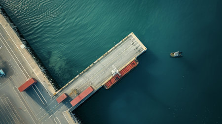 The aerial view captures a dock with a boat floating in the water. The boat is secured to the dock, showcasing a typical scene of marine activity in a harbor.の素材
