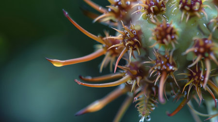 This close-up shot captures a vibrant flower in full bloom on a plant, showcasing intricate details of its petals and stamen. The flower appears healthy and alive, basking in the sunlight.の素材