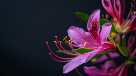 A close-up view of a vibrant pink flower set against a stark black background. The delicate petals of the flower are in full bloom, showcasing intricate details and textures.の素材