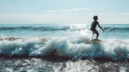 A man skillfully rides a powerful wave on top of a surfboard, showcasing his balance and control as he navigates the dynamic ocean environment.の素材