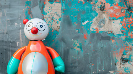 An orange and white toy, resembling a robot, is standing upright beside a plain wall. The toy appears to be in a stationary position, with no visible movement or interaction.の素材