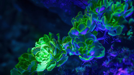 Close-up of green and blue succulents illuminated by ultraviolet light, revealing their unique fluorescent qualities. The vibrant colors and intricate details create a mesmerizing display against a dark background.の素材
