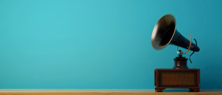 A vintage gramophone with a large, black horn speaker sits on a wooden tabletop against a teal wall. The gramophone is in focus and the background is blurred.の素材