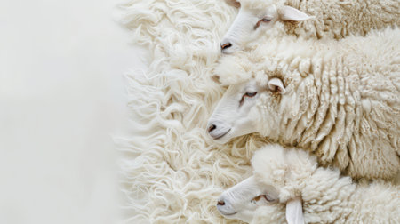 Three sheep are lying down on a white fluffy rug. The sheep are close together, with their heads resting on the rug. Their eyes are closed and they appear to be asleep. The rug is very soft and fluffy.の素材