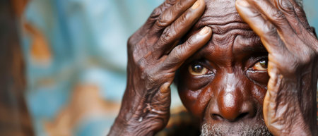 An elderly African man with wrinkled skin and a beard sits with his hands on his face, his eyes looking down, lost in thought.の素材