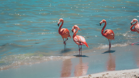 A group of pink flamingos stand in the shallow water of a tropical beach on a sunny day. Their reflections are visible in the clear water.の素材