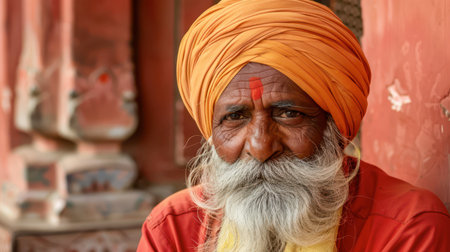 A close-up photograph of an elderly man with a long white beard, wearing an orange turban, a red shirt, and a yellow undershirt. The man is standing in front of a red wall and looks directly at the camera with a soft expression.の素材