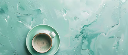 A close-up view of a ceramic coffee cup with a brown rim, sitting on a saucer. Both the cup and the saucer are a light green color. The cup contains coffee and is surrounded by water droplets on a pale green background.の素材