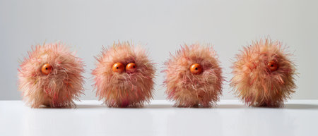 Four round, furry, pink and orange creatures with orange eyes stand in a row on a white surface. The creatures are facing forward and have a fluffy appearance. The background is a simple, white wall.の素材
