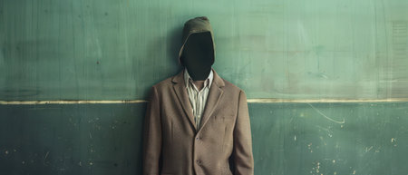 A person is standing in front of a green chalkboard. Their face is obscured by a dark hooded hat and their hands are obscured by a brown jacket.の素材