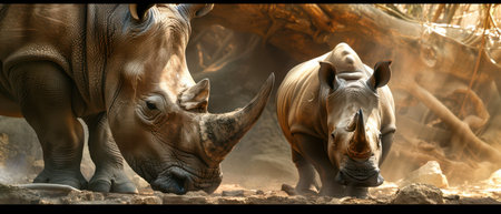 A large white rhino stands in the foreground with its head lowered and mouth slightly open, while a smaller rhino walks in the background. Both rhinos are in a savanna-like setting with brown, rocky ground, dry vegetation, and the trunk of a tree visible in the upper right corner. The sun is shining brightly, casting a warm, golden light on the scene, making the animals and their surroundings appear to be almost glowing.の素材