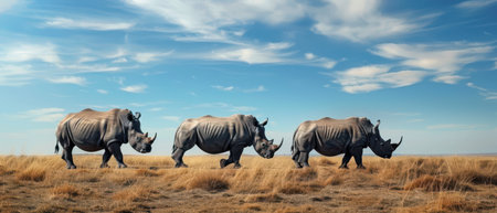 Three white rhinos walk through dry, tall grass under a bright, clear sky in the African savanna. The sky is a clear blue with large, puffy white clouds.の素材