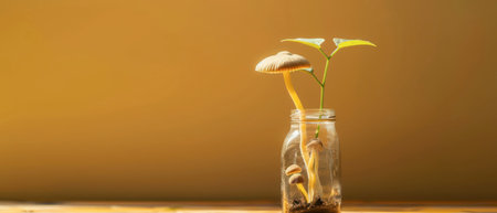 A small plant and several mushrooms grow in a clear glass jar filled with water and soil. The jar is sitting on a wooden surface in front of a plain yellow wall.の素材