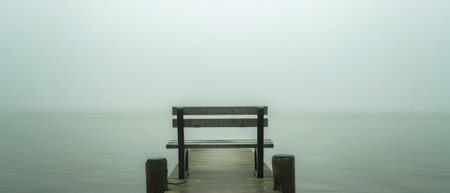 A wooden bench sits at the end of a dock, facing out towards a lake shrouded in fog. The sky is overcast and the water is calm and still. The scene is peaceful and tranquil, creating a sense of solitude and introspection.の素材