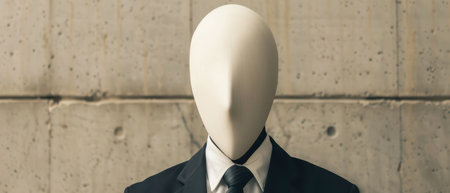 A person wearing a dark suit, white shirt, and tie stands with their back to the wall. The person's face is obscured by a white, featureless head. The wall behind the person is made of grey concrete, with visible seams and rough texture.の素材