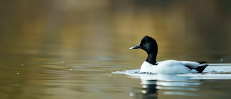 A common merganser duck with a black head and white body is swimming in a calm body of water. The water is still and reflects the soft, golden light of the sun. The duck is looking to the left side of the frame.の素材