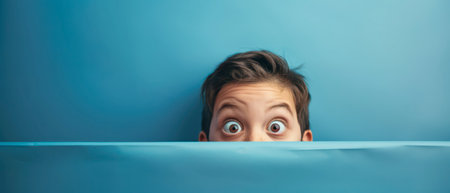 A close-up image of a person's face peeking over a blue surface. They are looking up with wide, surprised eyes, as if they have just seen something unexpected.の素材