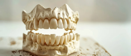 A close-up view of a full set of white artificial teeth sitting on a white surface. The teeth are arranged in a typical dental model, showing the upper and lower rows of teeth. The teeth are clean and white, with a realistic appearance.の素材