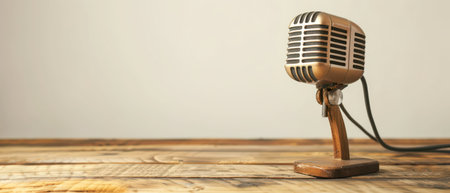 A vintage microphone with a metal grill and a wooden stand sits on a rustic wooden table. The microphone has a black cord leading out of it, and the background is a simple white wall.の素材