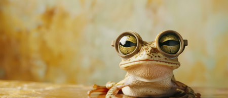 A frog wearing large, round spectacles sits on a brown surface, staring directly at the camera. The frog's eyes are large and prominent, and the background is a blurry, light brown color.の素材