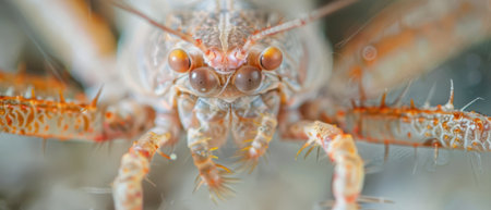 A spiny bush cricket stares directly into the camera, its large compound eyes and spiky legs clearly visible. The cricket's body is translucent, allowing the viewer to see its internal structures. The photo was taken in a natural environment, likely a forest or grassland.の素材