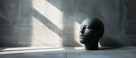 A black head sculpture, with eyes closed, rests on a grey wall. Sunlight streams through a window, casting shadows and illuminating the sculpture.の素材