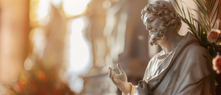 A close-up view of a white marble statue of a man with a beard, standing in a church. The statue's hand is extended, palm up, in a gesture of supplication. The statue is positioned in front of a window, and the light from the window casts a warm glow on the statue. The background is out of focus and features a muted color palette, providing a sense of peace and tranquility.の素材