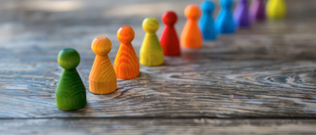 A line of brightly colored wooden game pieces, ranging from red to green, are arranged on a wooden surface. The pieces are lined up from left to right, with the green piece being the closest to the viewer. The wooden surface is blurred in the background.の素材