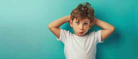 A young boy with brown hair is wearing a white t-shirt and standing against a bright turquoise wall. He is looking directly at the camera and making a funny face. His arms are extended behind him, and his elbows are bent.の素材