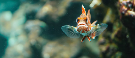 A red and white fish with large fins swims towards the camera, its mouth slightly open. The fish is in a clear tank and the background is blurry.の素材