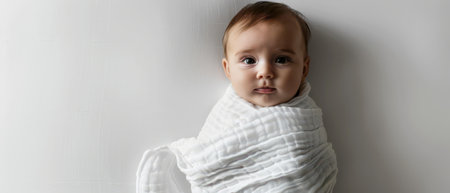 A baby, wrapped in a white blanket, lays on a white surface and looks directly at the camera. The baby has dark hair and is wearing a white blanket, with a little of its arm visible. The baby has a soft and innocent expression.の素材