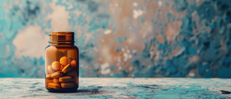 A brown glass bottle filled with orange pills sits on a blue wooden surface. The background is a blurred image of blue and green tones.の素材