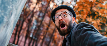 A man wearing a black hat and glasses is standing outside in the fall. He is wearing a dark jacket and has a beard. His mouth is open wide in surprise and his eyes are wide with shock. The man is looking up at something out of frame. The background is out of focus and features fall foliage.の素材