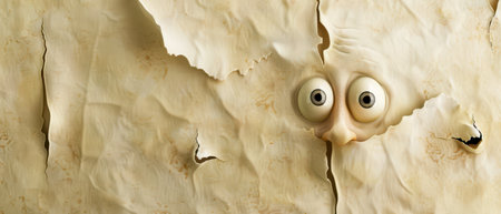 A cartoon face with large eyes is peeking through a rip in a piece of textured paper. The face is partially obscured, leaving only the eyes and a portion of the nose visible. The paper is light brown in color and has a crumpled, worn appearance, suggesting age or damage.の素材