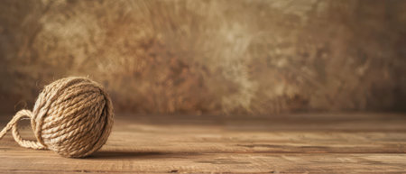 A ball of natural twine rests on a wooden tabletop, with a textured, brown background. The twine is tightly wound, creating a smooth, round shape.の素材