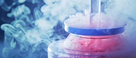 A clear glass cryogenic storage vessel, with a blue lid, emits white vapor. Inside the vessel, the liquid nitrogen is visible as a pink mass.の素材