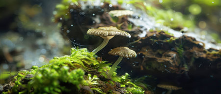 A close-up view of a small, white mushroom growing in a forest environment, surrounded by moss and a log. The background is blurred, indicating the image was taken in a dense woodland. Water droplets can be seen in the air, suggesting the mushrooms are growing in a damp and humid climate.の素材