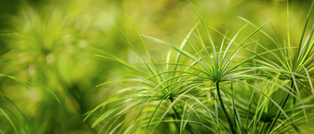 A close-up view of green grass blades, possibly from a forest setting. The grass is in focus, while the background is blurred out of focus. The grass blades are long and thin, and are a bright green color.の素材