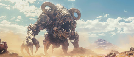 A large, fierce monster with horns and sharp claws stands on a desolate, dusty landscape. The monster is facing the camera, with its mouth open and teeth visible. The sky is cloudy and bright blue. There are distant hills in the background.の素材