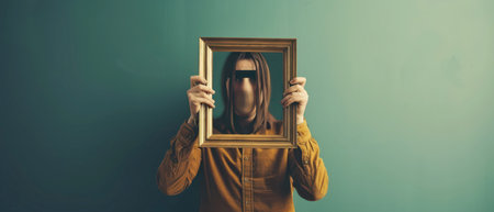 A person is holding a golden picture frame in front of their face, concealing their identity. They are standing against a teal wall, and their hands are holding the frame on either side. Their face is obscured by the frame.の素材