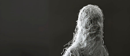 A person is completely covered in white fabric, which drapes over their body in a way that obscures their features. The fabric has a coarse texture and appears to be made of woven strands. The background is a plain, dark gray.の素材