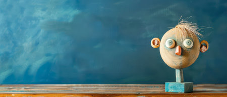 A handcrafted wooden figurine, with large eyes and a whimsical expression, stands on a wooden table in front of a blue wall. The figurine's head is round and painted in beige, with a prominent nose, and the body is a simple wooden form. The blue background provides a contrasting color, creating a striking visual effect.の素材